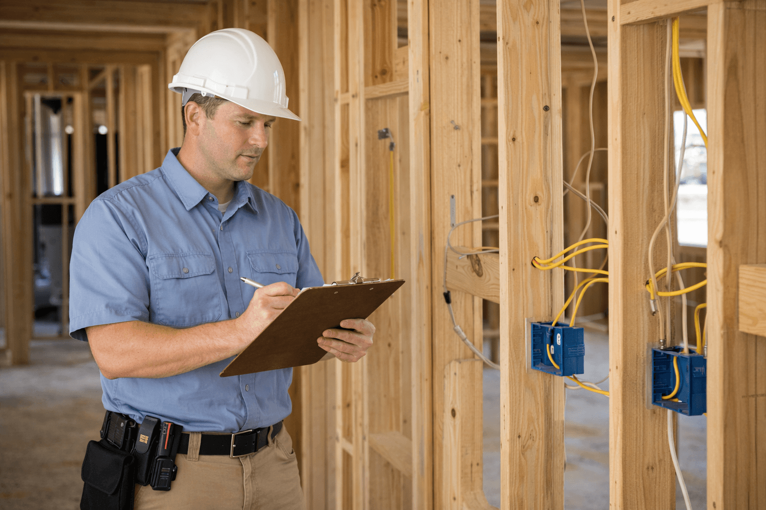 Licensed home inspector examining the roof and exterior of a newly built home in Celina, Texas