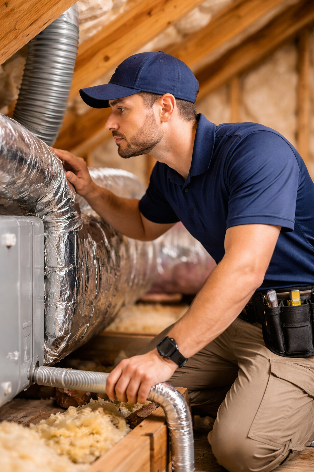 Home inspector closely checking an attic vent during an 11-month warranty inspection