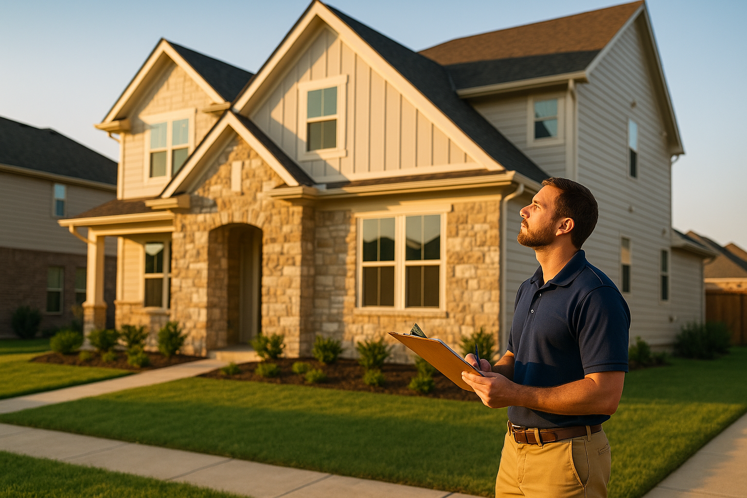 Home inspector examining the exterior of a newly built two-story home in a Celina, Texas subdivision before the buyer's closing date